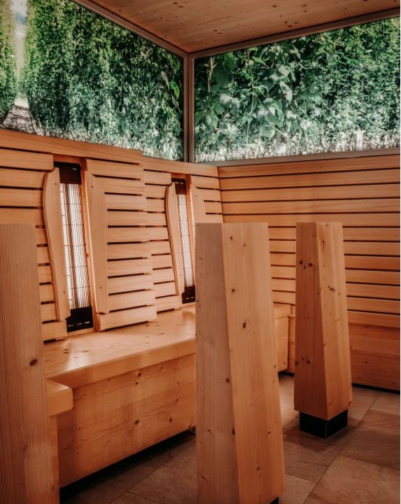 Wellnesshotel Bayern 7 Infrarotsauna mit Hopfengarten-Motiven als Wandbild